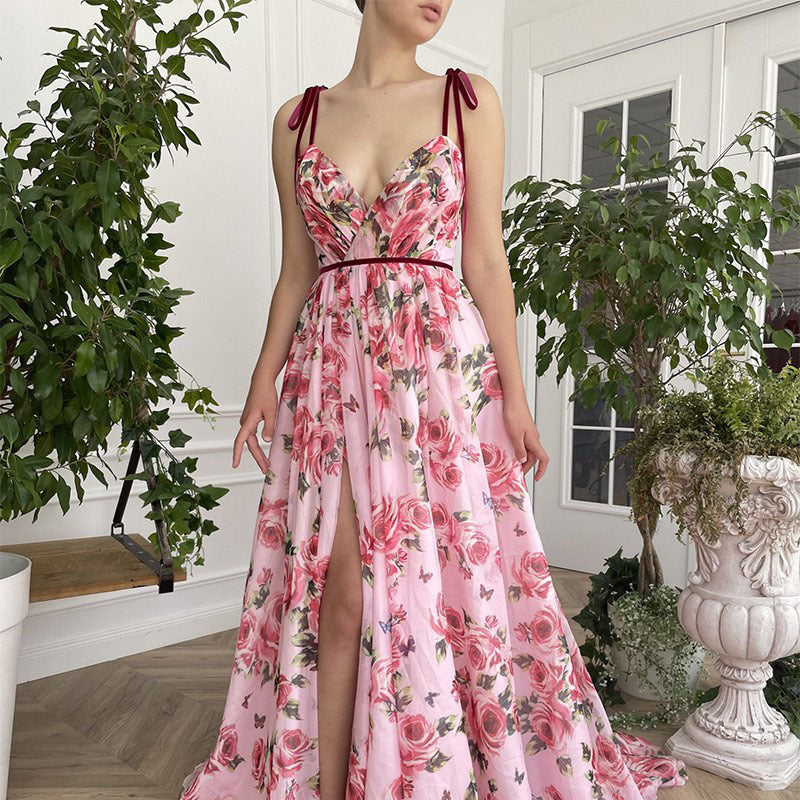 2025 new 2025 women's clothing retro printing long dress sexy suspender dress beach casual vacation dress