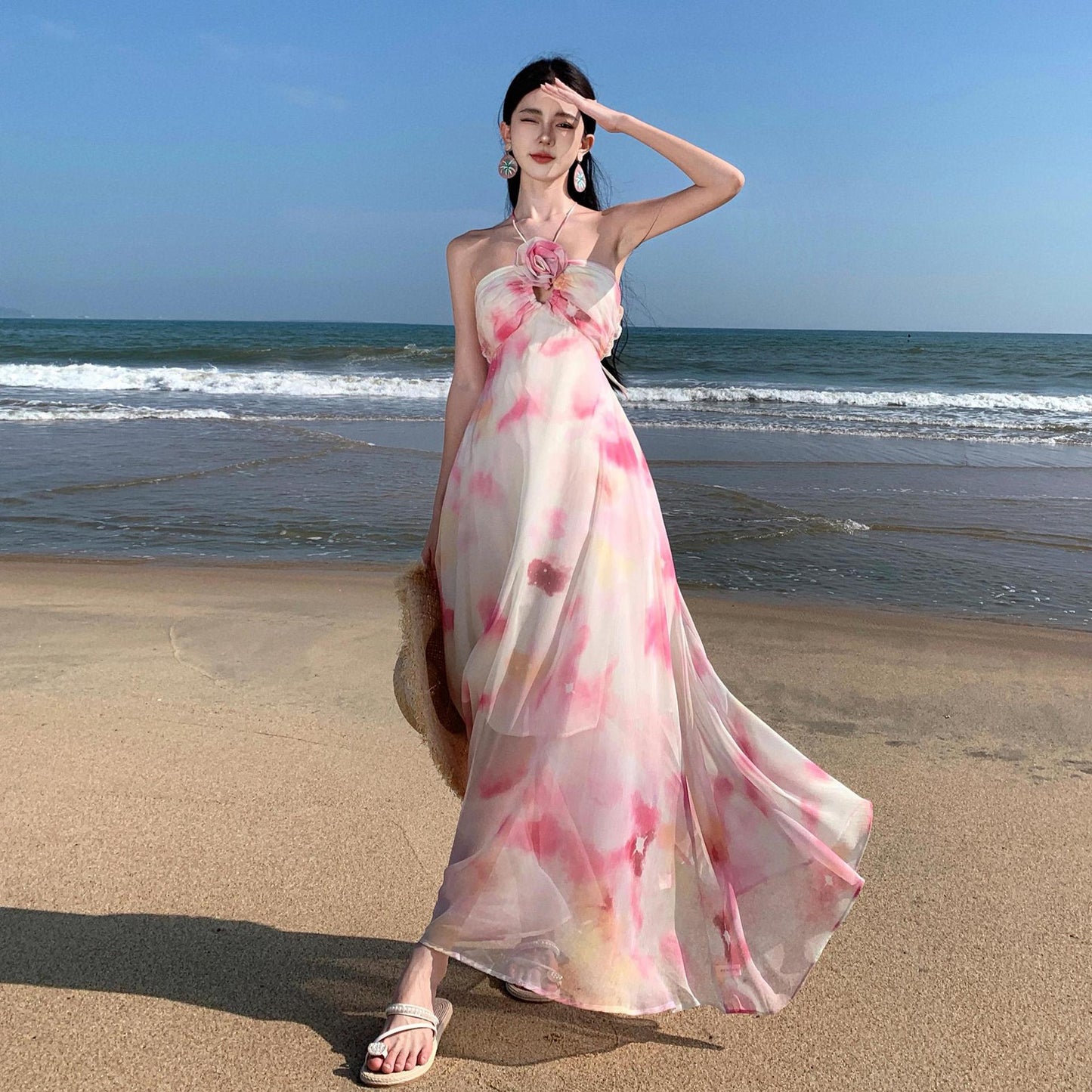 2025 super fairy suspender high sense three-dimensional flower neck holiday style dress temperament elegant backless light dress