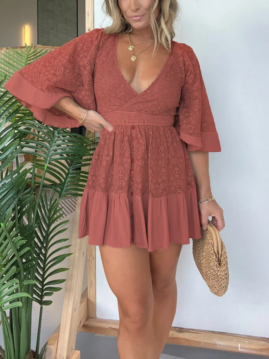 2024 Summer European and American Hot Trade Wish New Women's Lace Stitching Batwing Sleeve Dress