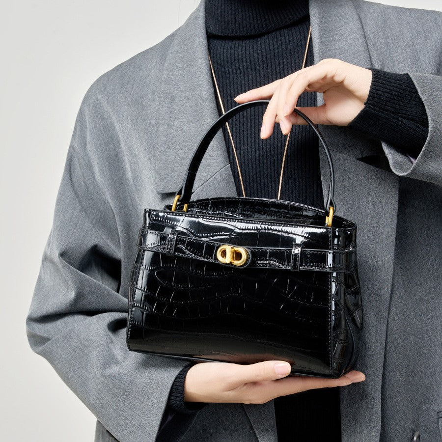 2025 new leather portable Kelly bag crocodile pattern texture commuter shoulder women's bag lock small square bag