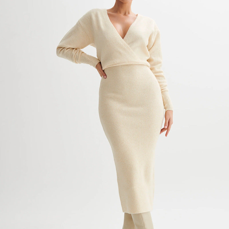 New new knitted dress waist v-neck pit strip slim long-sleeved sweater skirt women