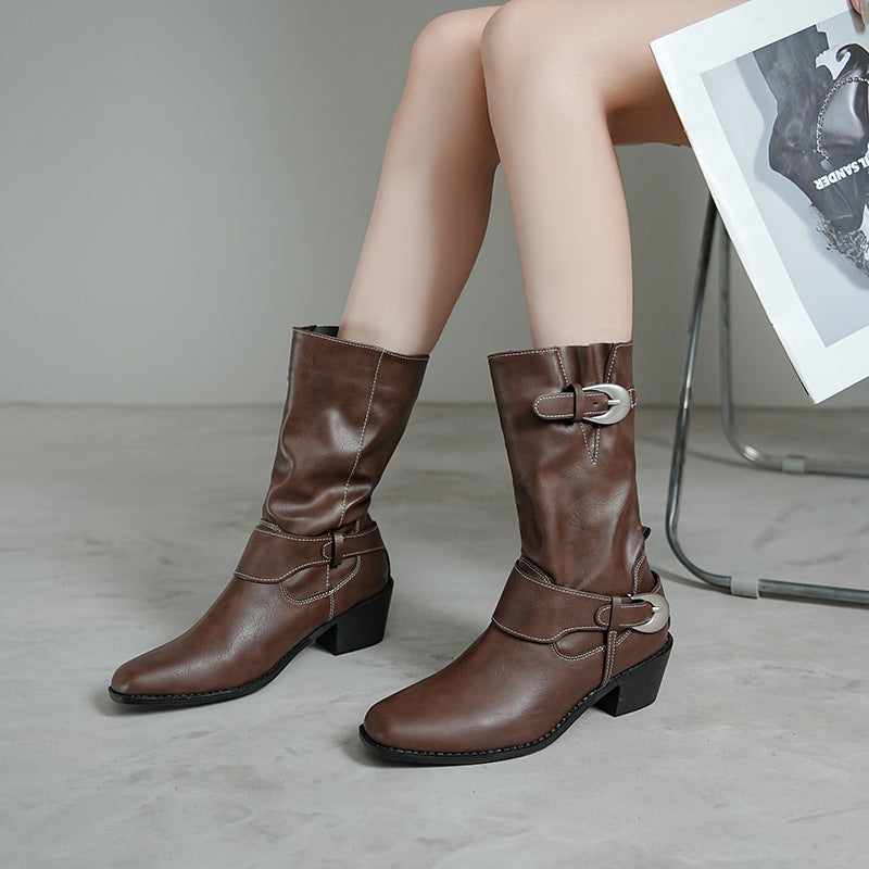 2025 Cowhide version~ Su Yinyin has the same British square head metal buckle thick heel western short boots women's Chelsea Martin boots