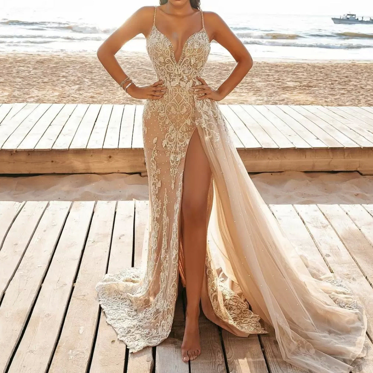 2025 Cross-border Summer New 2025 Women's Sexy Suspender Dress Sleeveless V-Neck Split Lace Hollow, Long Dress