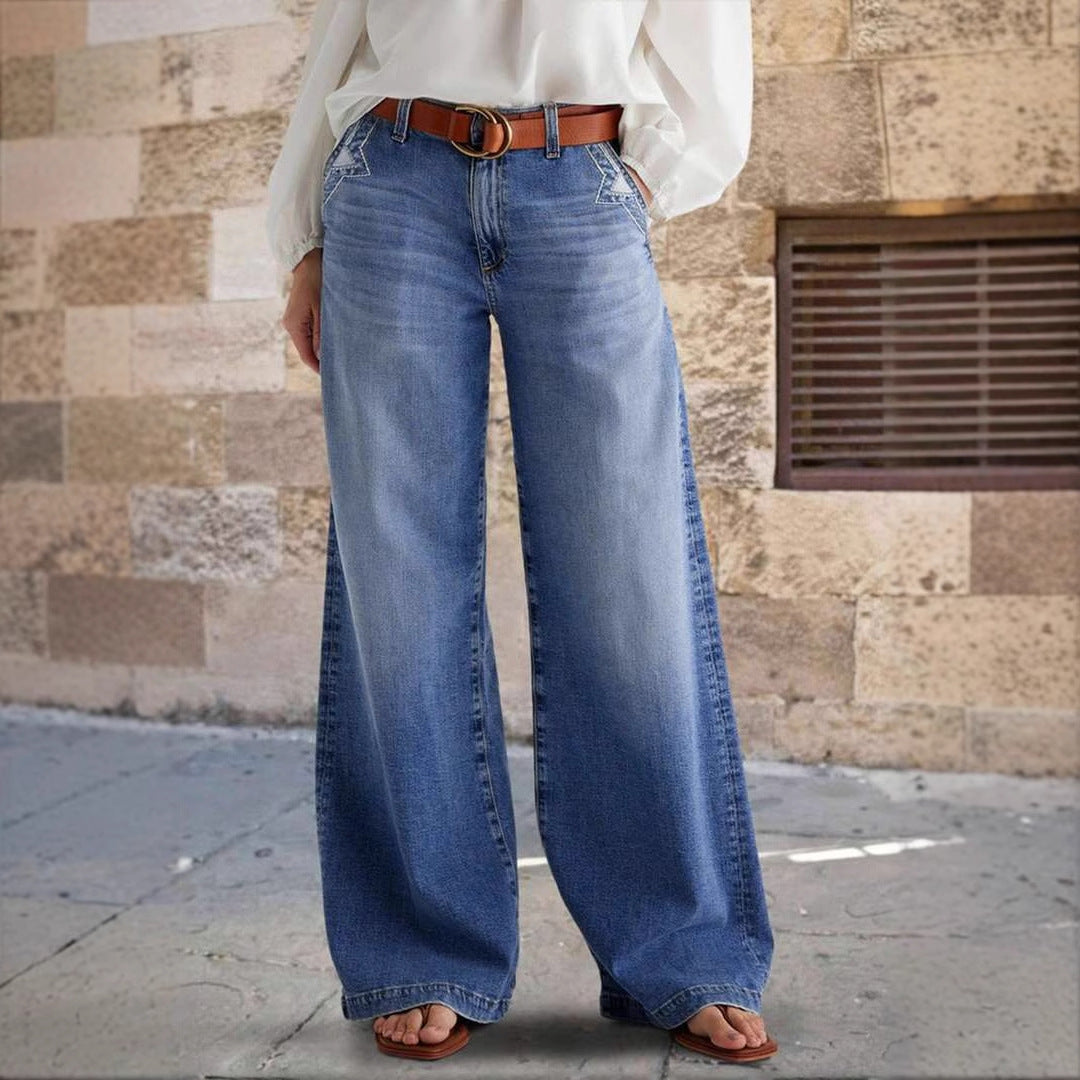 VAKKV 2025 spring new 2025 cross-border retro wide-leg jeans women's embroidered elastic straight pants casual trousers