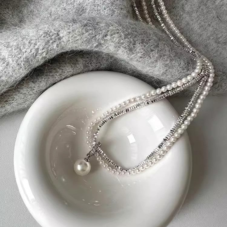 vakkv Shijia Light Luxury Minority Twin S925 Sterling Silver Small Pieces of Silver Pearl Necklace for Women Summer New Necklace Clavicle Chain
