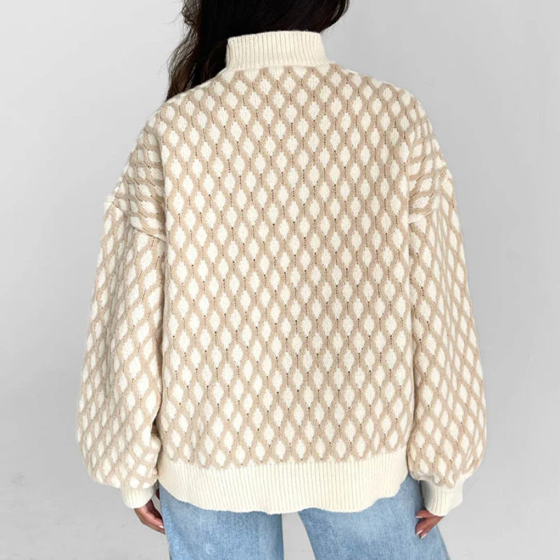 popular autumn and winter new New knitted tops women's round neck plaid lantern sleeves loose pullover sweater women