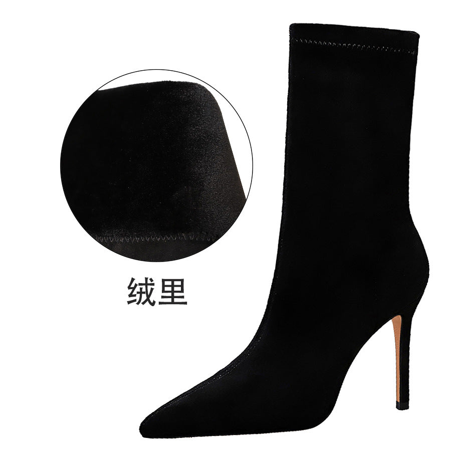 2025 315-8 style fashionable simple pedicure women's boots thin heel high heel suede pointed sexy nightclub thin short boots