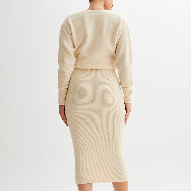 New new knitted dress waist v-neck pit strip slim long-sleeved sweater skirt women