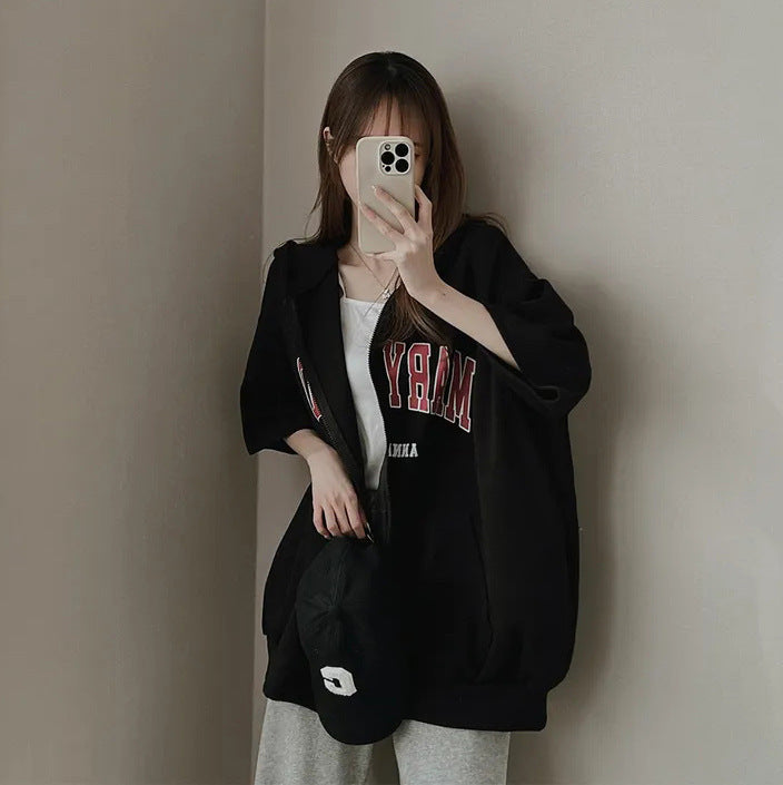 VAKKV Manufacturer short-sleeved cardigan niche design top gray sweater women's spring and summer Korean version sports loose hoodie