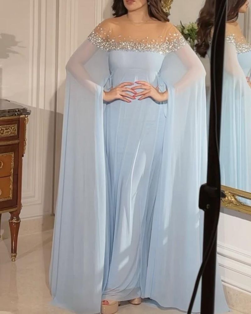 VSKKV Spring and Summer New Cross Border Middle East Temperament Sexy High Waist Rhinestone Pearl Chiffon Banquet Evening Dress