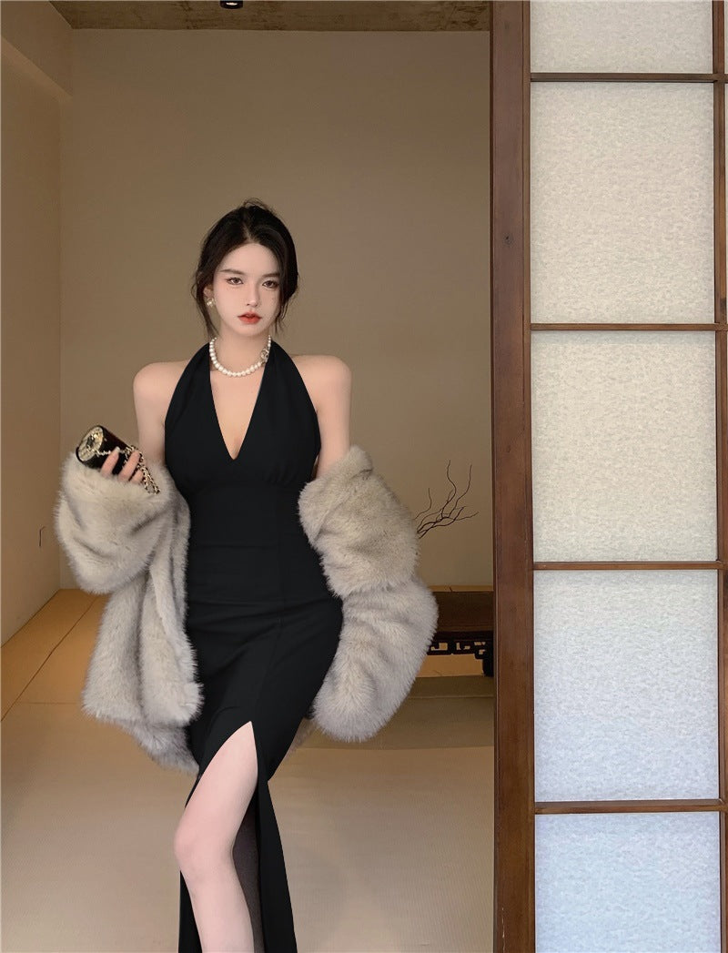 2025 Birthday party dress light luxury niche long dress sexy split neck sling hip dress women's summer