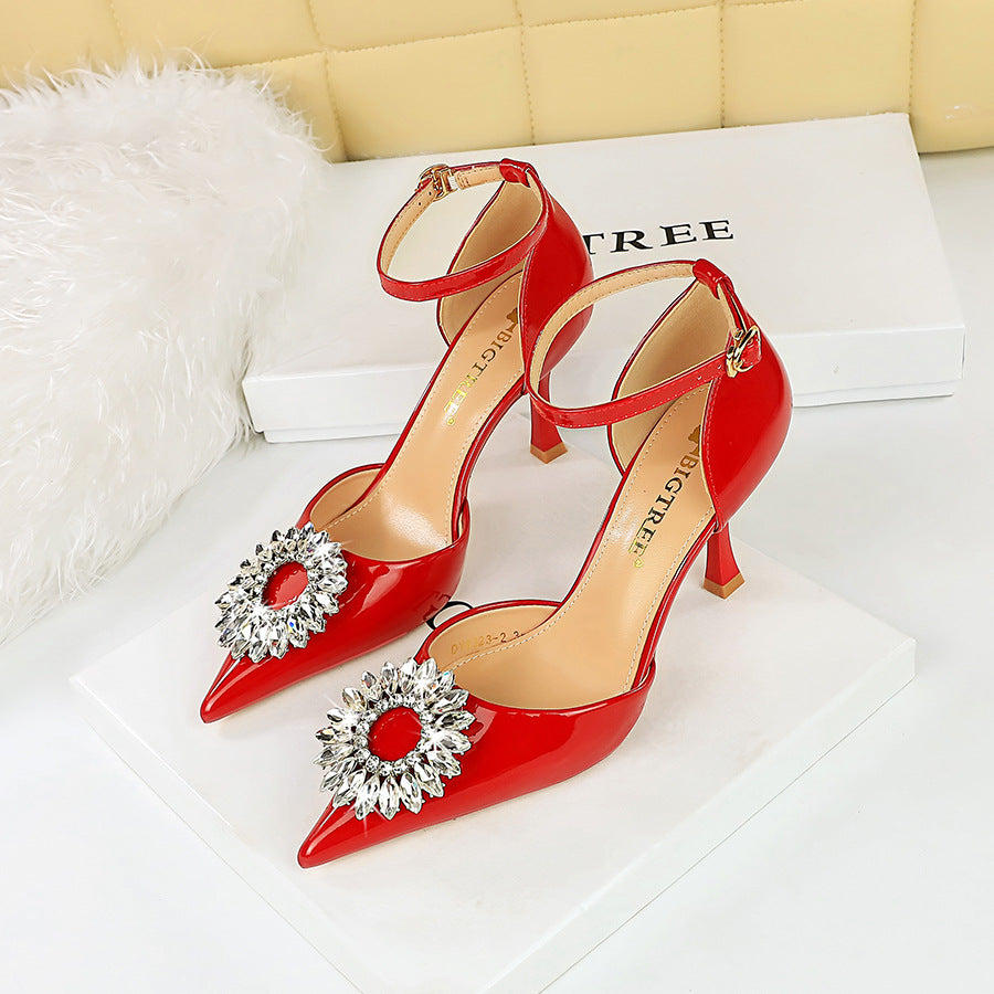 2025 8323-K29 style high heels, shallow mouth pointed head hollow sunflower rhinestone buckle with sandals women's high heels