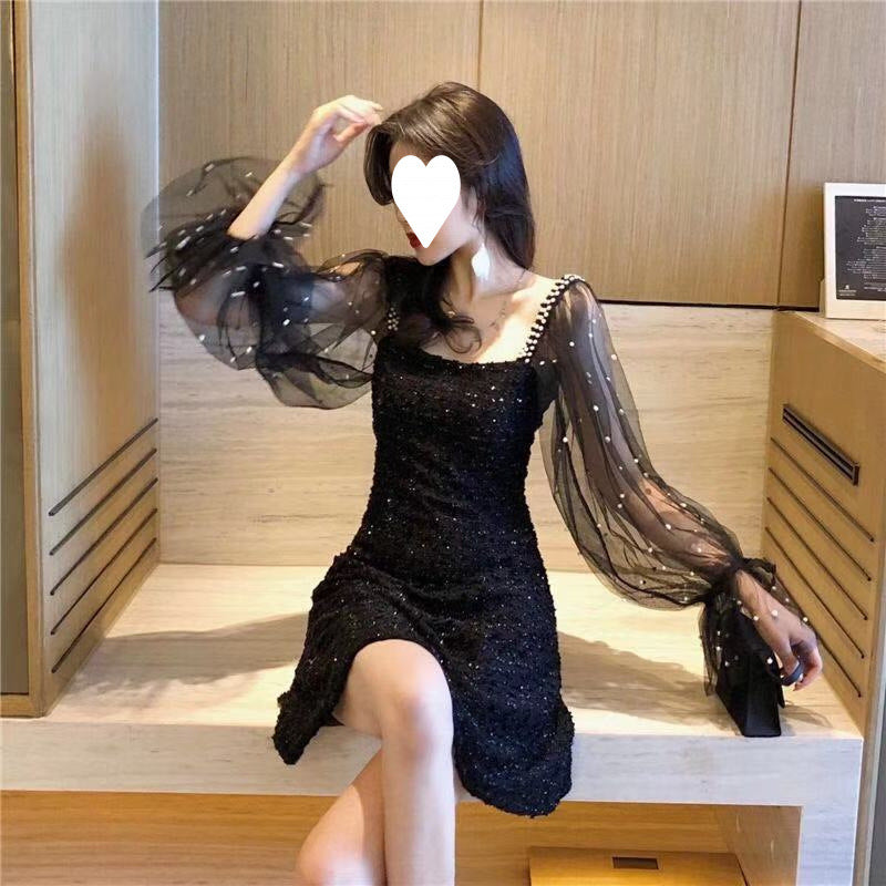 Spring women's new small fragrant temperament medium and long mesh splicing long sleeves waist and thin dress autumn