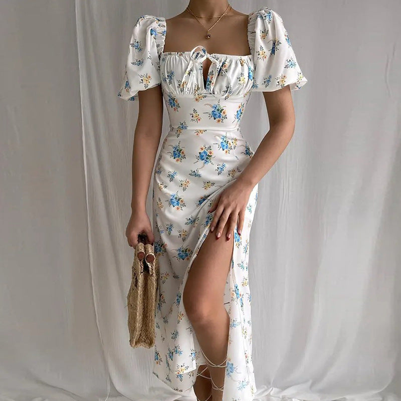 2024 European and American Women's Clothing Summer New Printed Floral Backless Slim Fit Sleeveless Split Dress