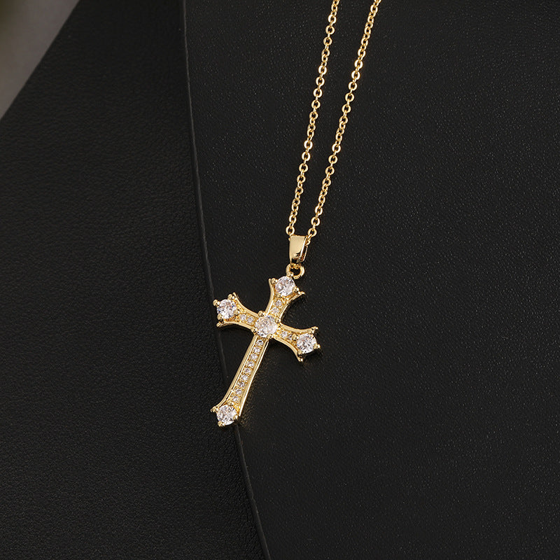 INS Vintage Gold Cross Necklace Personalized Pendant Zircon European and American Style Necklace Special-Interest Design Titanium Steel Clavicle Chain
