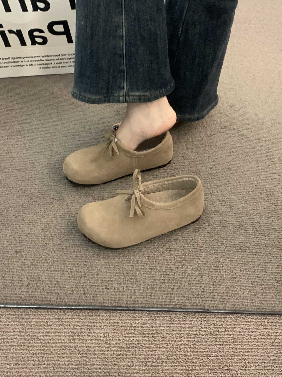 2025 In the evening wind, it increases in height, thick-soled leopard print and velvet Birkenstocks, and wears ugly and cute deep-mouth Doudou cotton shoes outside in autumn and winter