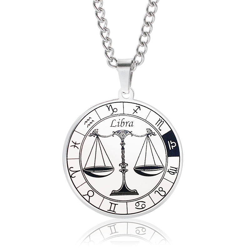vakkv 12 Constellation Pendant Necklace Men's Titanium Steel Power Style Personalized Leo Turntable Couple's Stainless Steel Necklace
