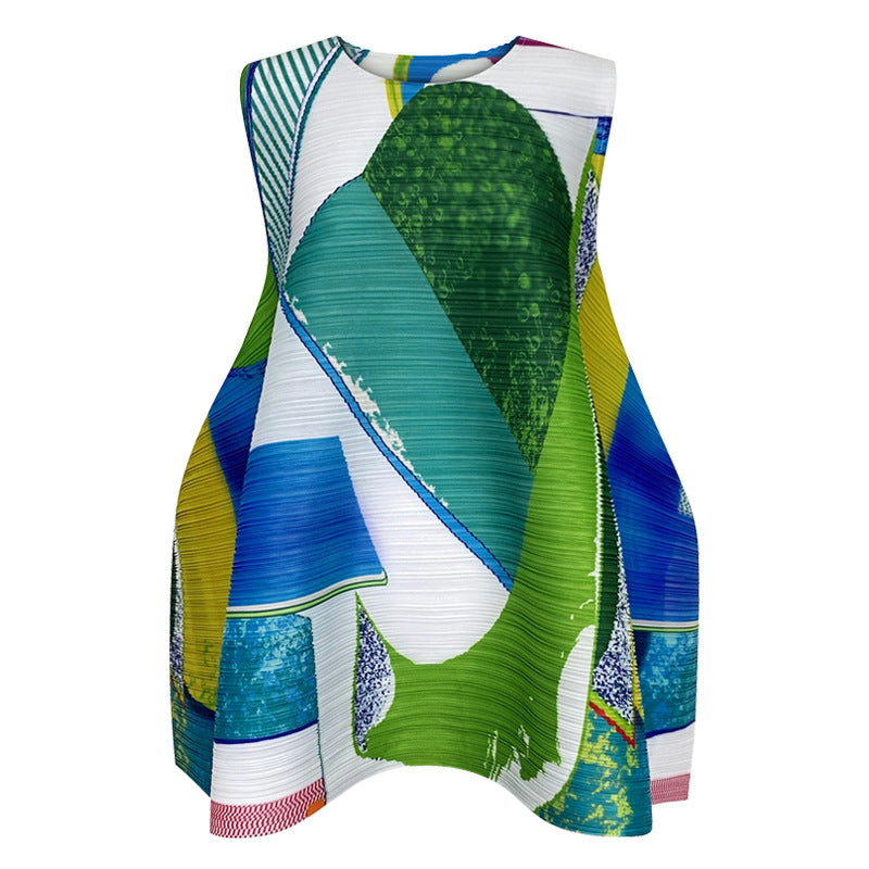 summer new pleated women's clothing design sense round neck printed vest pullover loose casual t-shirt top women
