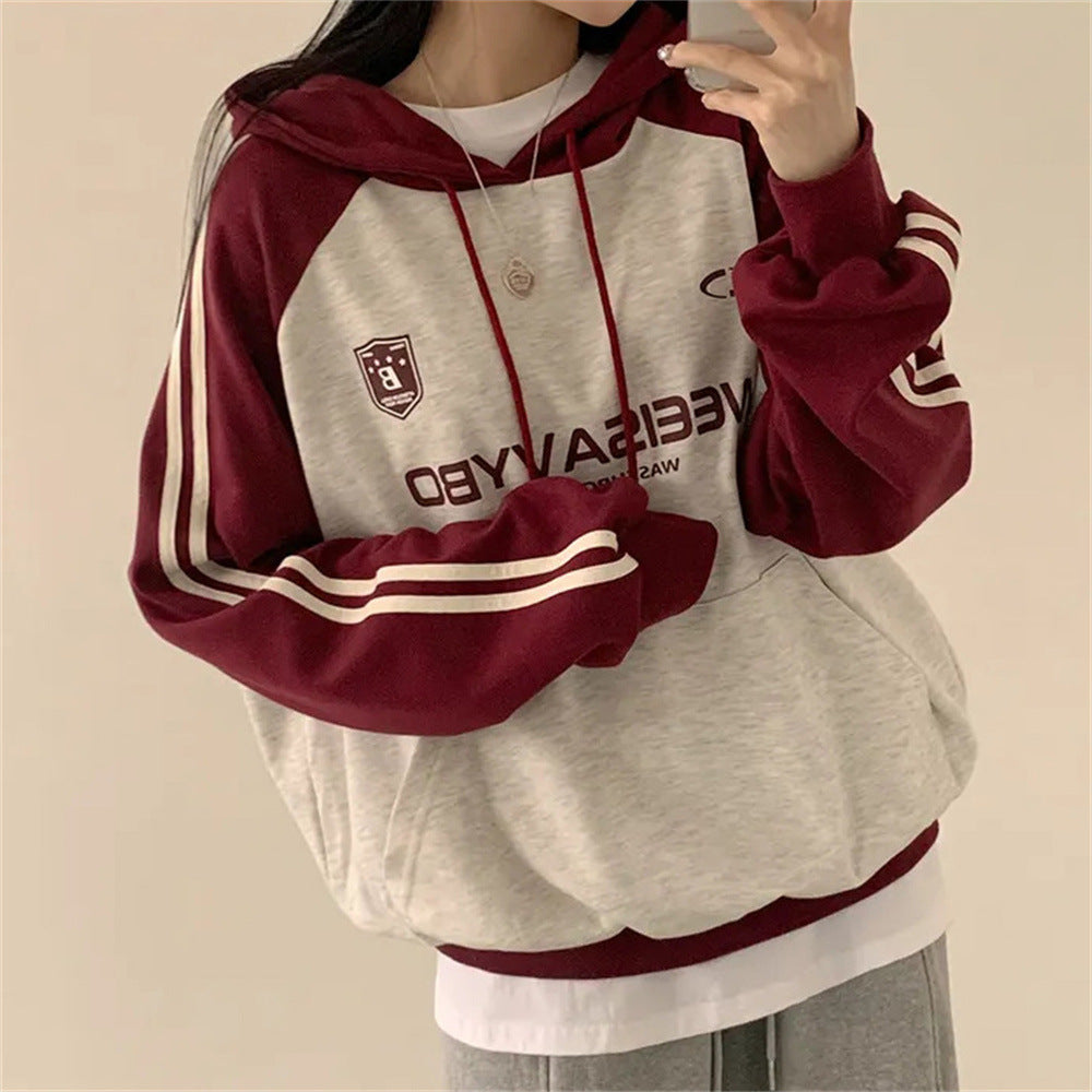 VAKKV Manufacturer 2025n retro Korean version hooded sweater jacket women's spring and autumn oversize thin splicing velvet top