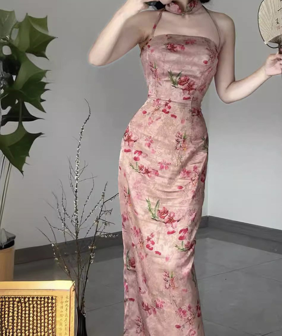 VAKKV 8478# Homemade Pink Sequence Flat Collar Split Neck Sling National Style Improved Cheongsam Dress Sling
