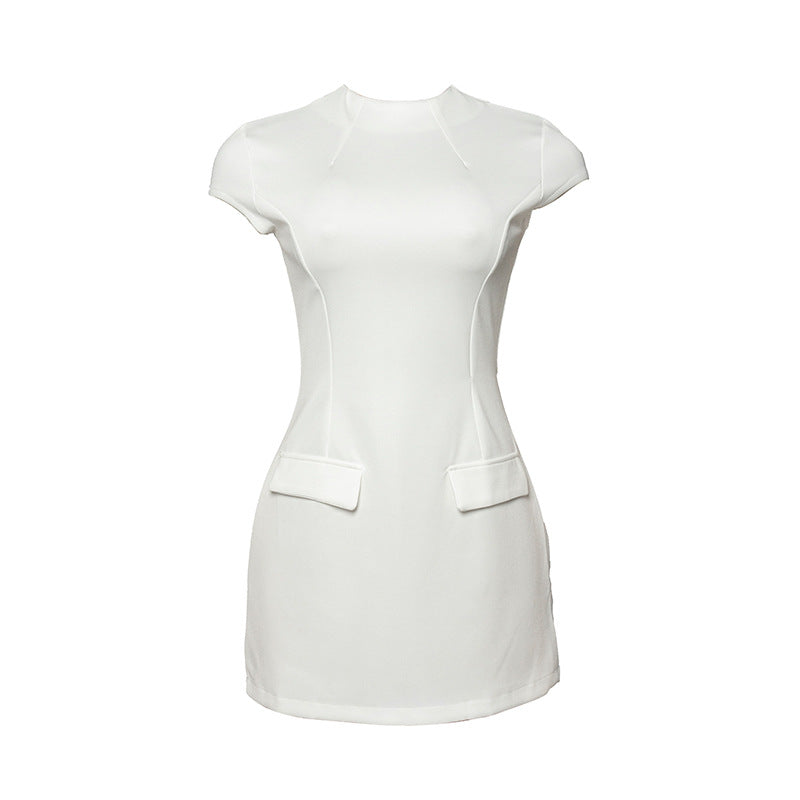 A254ds European and American Summer New Solid Color round Neck Slim-Fitting Patchwork Short Sleeve Sexy High Waist Short Dress