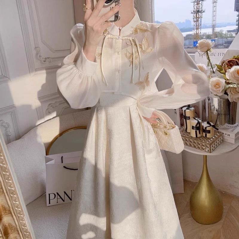 VAKKV New Chinese Style Dress National Style Suit Spring and Summer New Retro Improved Cheongsam Fairy Suspender Skirt Two-Piece Set