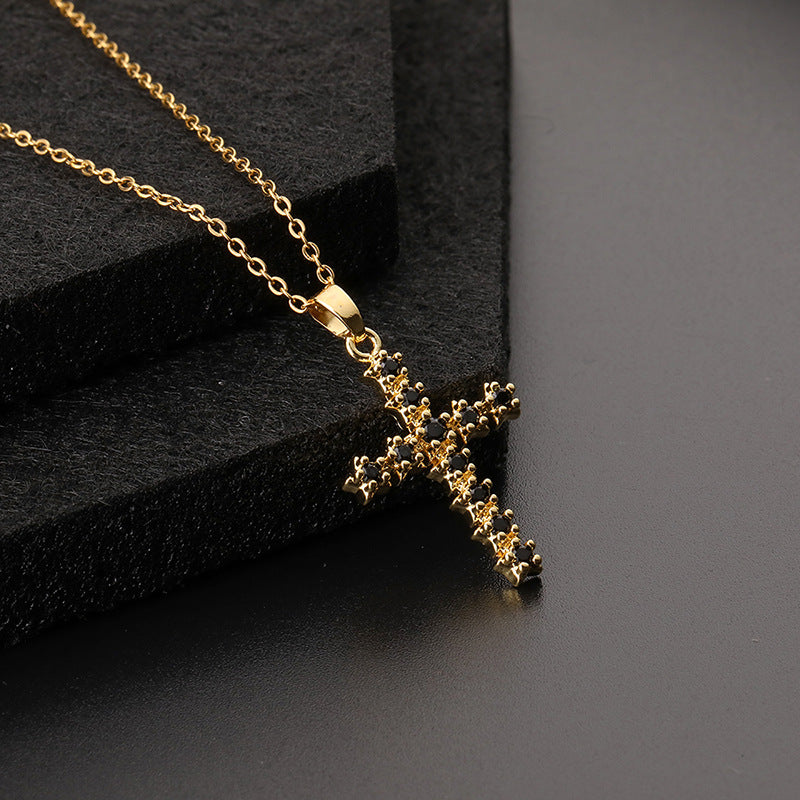 INS Vintage Gold Cross Necklace Personalized Pendant Zircon European and American Style Necklace Special-Interest Design Titanium Steel Clavicle Chain
