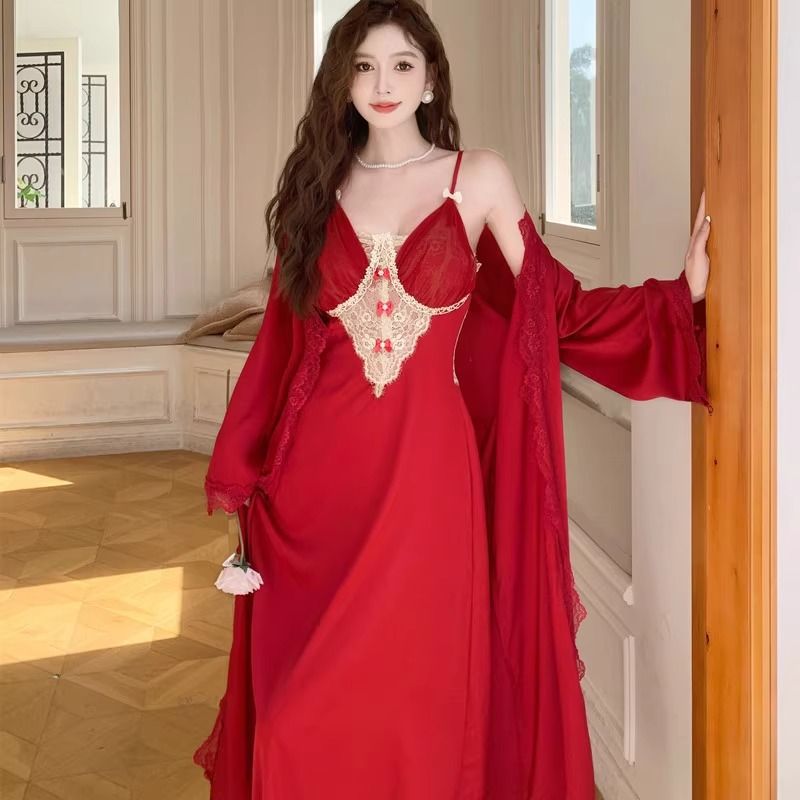 2025 morning robe women's wedding pajamas red natal year long pure desire wind suspender nightdress with chest pad two-piece set tide