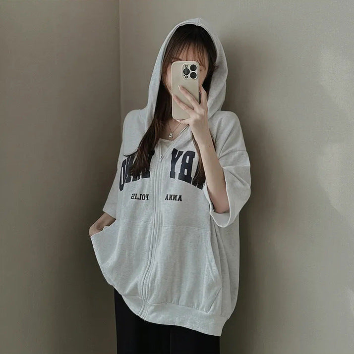 VAKKV Manufacturer short-sleeved cardigan niche design top gray sweater women's spring and summer Korean version sports loose hoodie