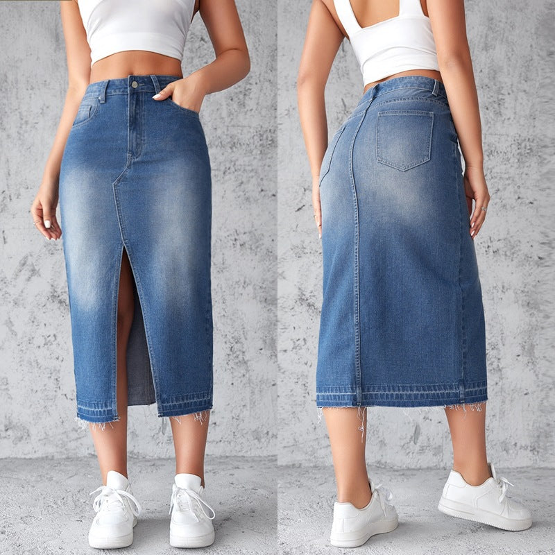 VAKKV Spot factory direct sales, 2025 New blue denim skirt, skirt for women, split ends, hip wrapping, a-shaped skirt, thin long skirt