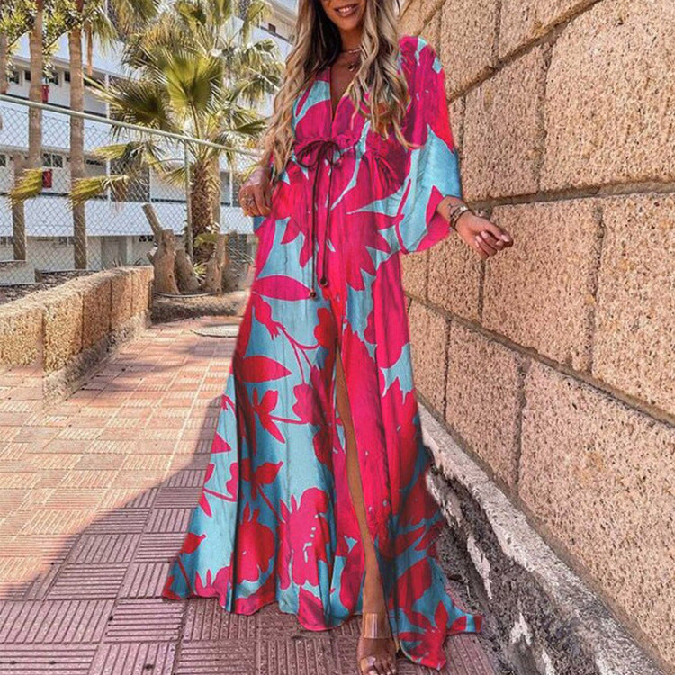 Hot Trade European and American Women's Clothing 2024 Summer New Fashion Printing Loose Lace-up Elegant Big Hem Dress