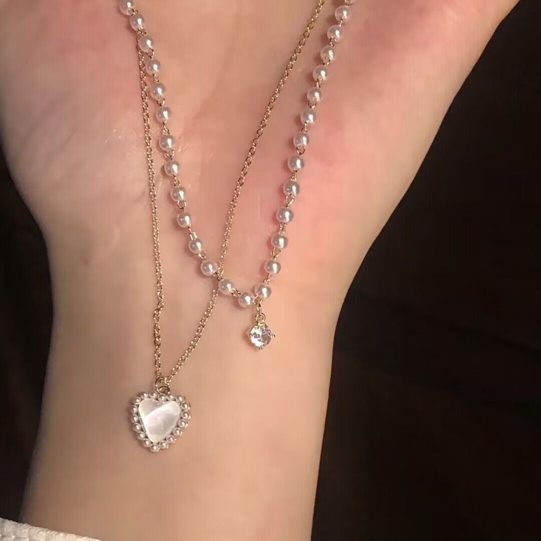 Fashionable All-Match Pearl Double Layers Loving Heart Necklace Women's Advanced Design Sense Niche Twin Exquisite Clavicle Chain Neck Chain