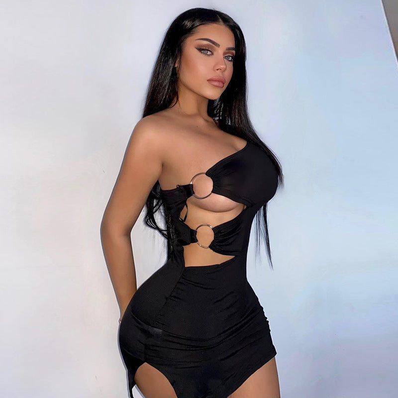VAKKV 2025 New explosion 2023 summer new women's clothing solid color single sleeve double ring sexy hollow hip dress women
