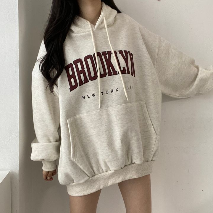 VAKKV Manufacturer sweater women's medium and long thickened velvet Japanese solid color lazy thin wholesale Korean version letter hooded loose spring