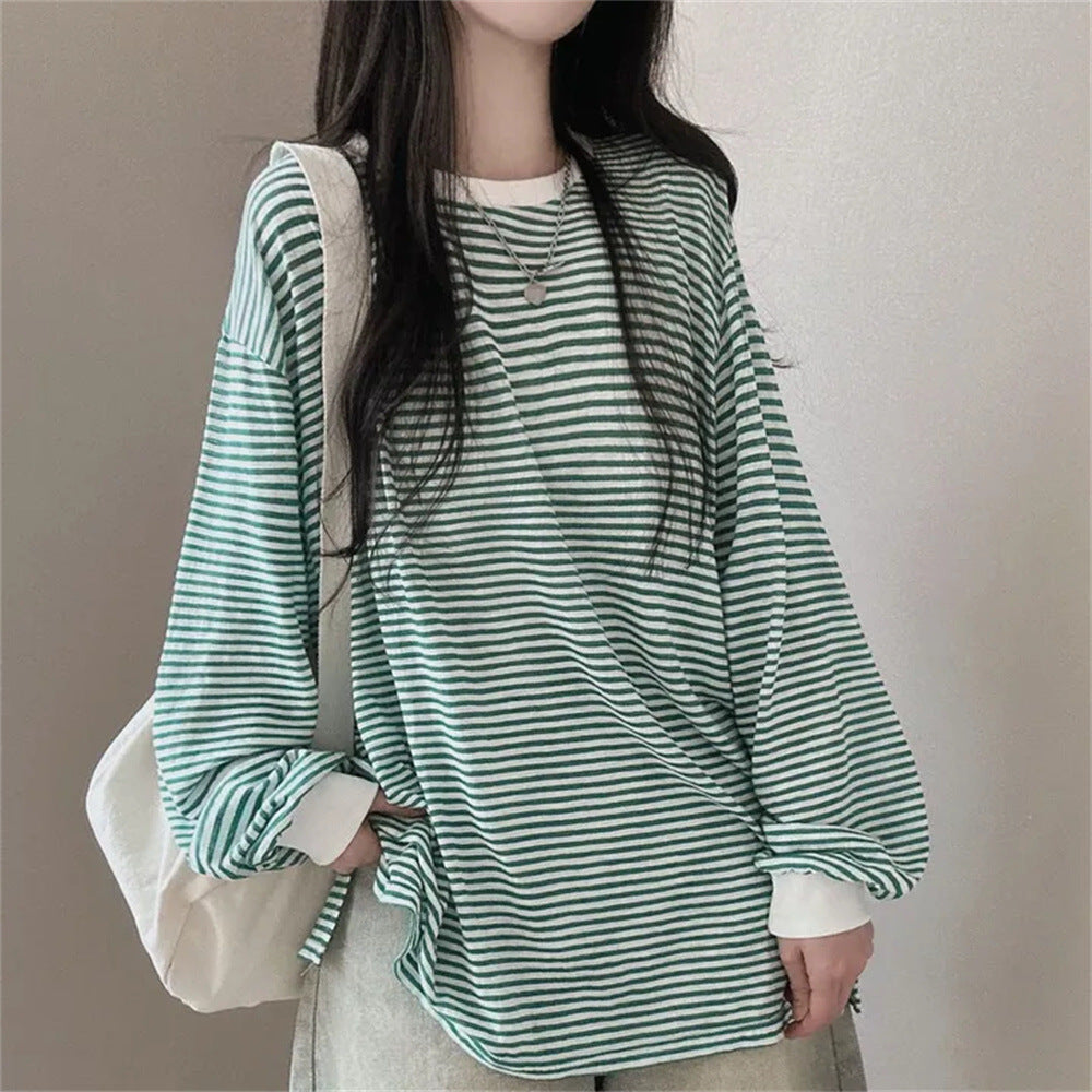 VAKKV Manufacturer's reversion Korean version of round neck striped sweater women's spring and autumn loose design sense versatile thin jacket trendy brand velvet