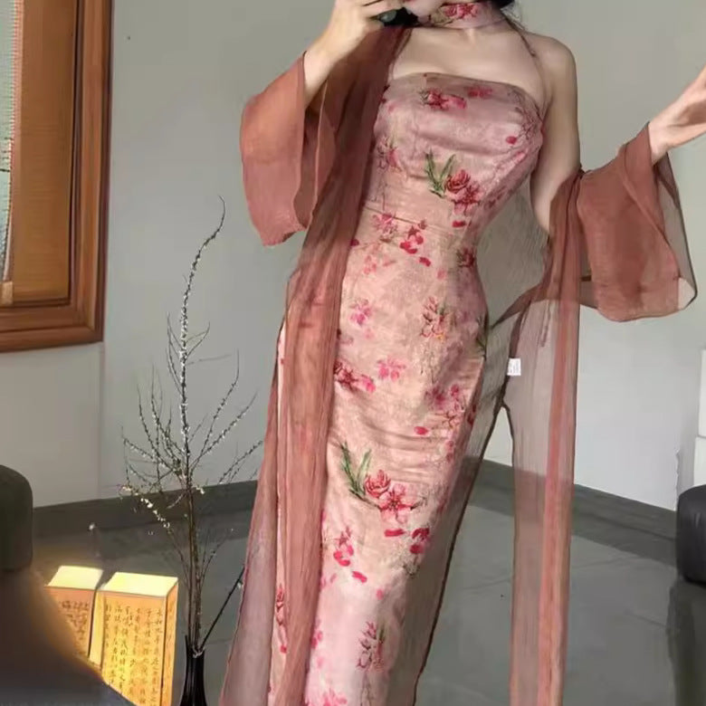 VAKKV 8478# Homemade Pink Sequence Flat Collar Split Neck Sling National Style Improved Cheongsam Dress Sling