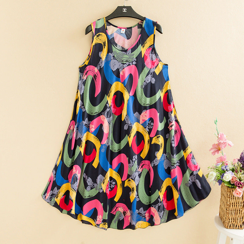 Large Size Bourette Vest Dress Summer New Ethnic Style Women's Clothing Artistic Retro Printing Sleeveless Swing Long Dress