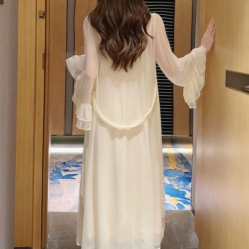 2025 Pajama women's spring and autumn new mesh lace splicing long-sleeved sexy long dress very fairy pajama dress