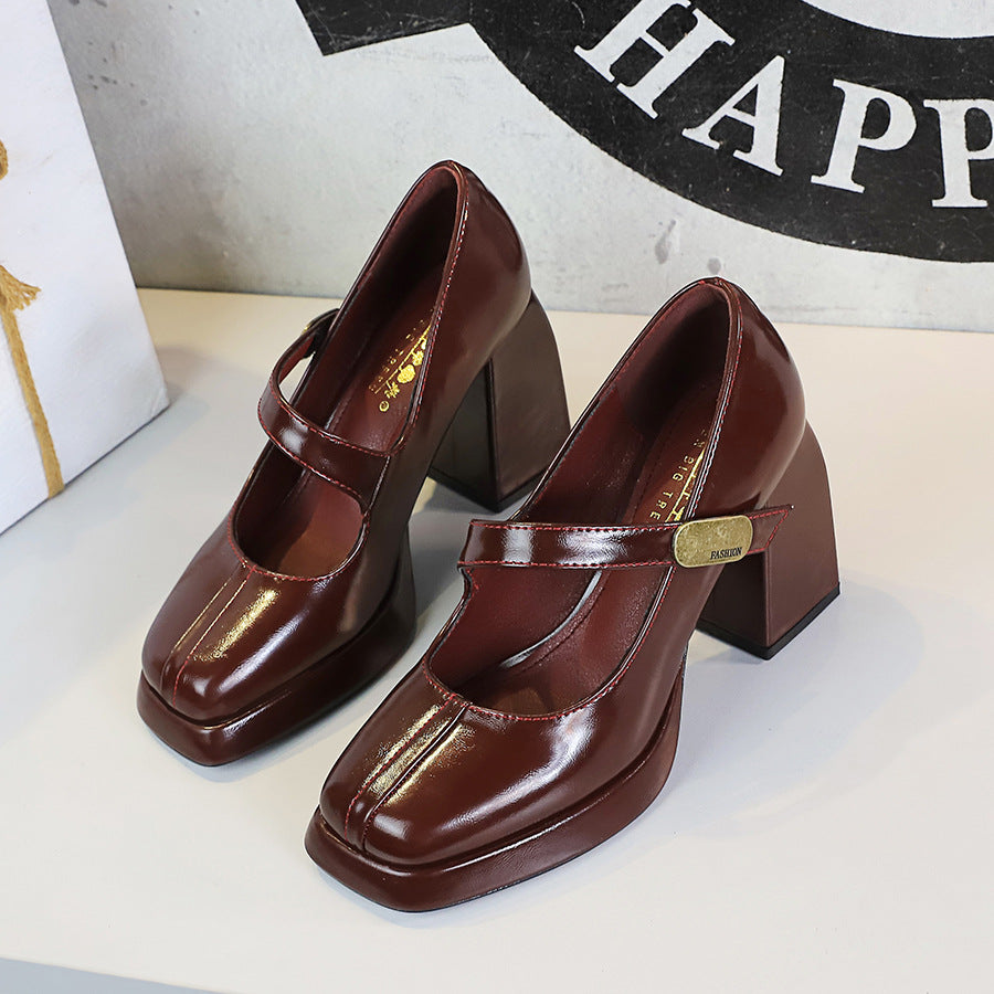 VAKKV 2025 1868-K93 retro style high heels women's shoes thick heel high heel waterproof table metal buckle one-word belt single shoes