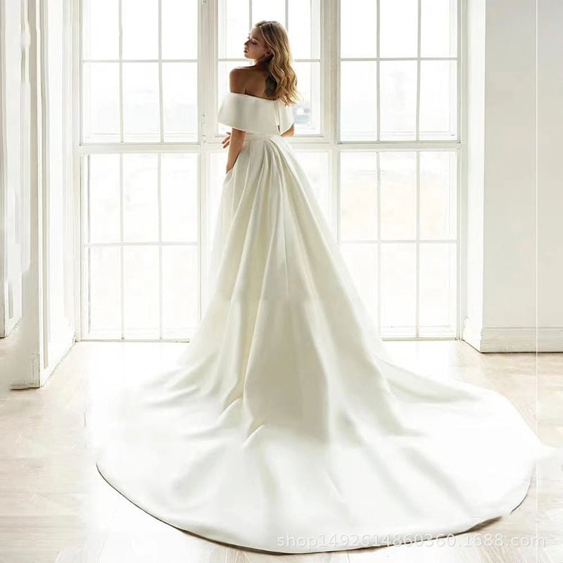 VSKKV European and American New Light Wedding Dress Satin Long Tail Simple Graceful Hepburn Style Host off-Shoulder Wedding Dress Summer