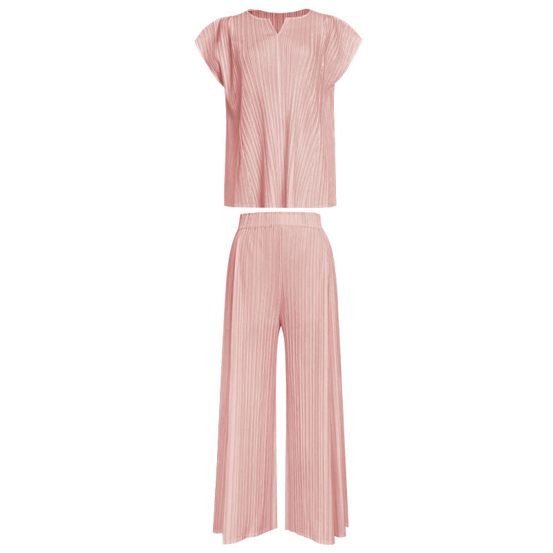 new summer women's clothing V-neck top fashion loose and thin wide-leg pants fashion suit casual two-piece set