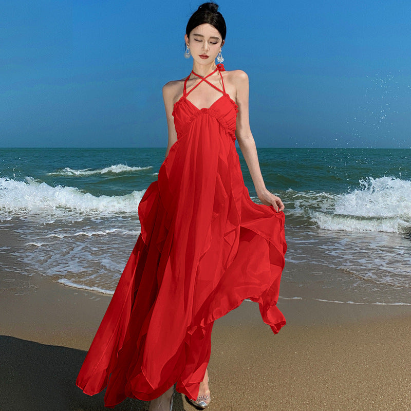 2025 Sexy temperament heavy industry neck suspender dress women's summer long dress white backless seaside vacation beach dress
