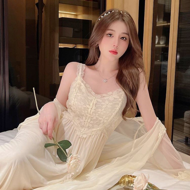 2025 Pajama women's spring and autumn new mesh lace splicing long-sleeved sexy long dress very fairy pajama dress
