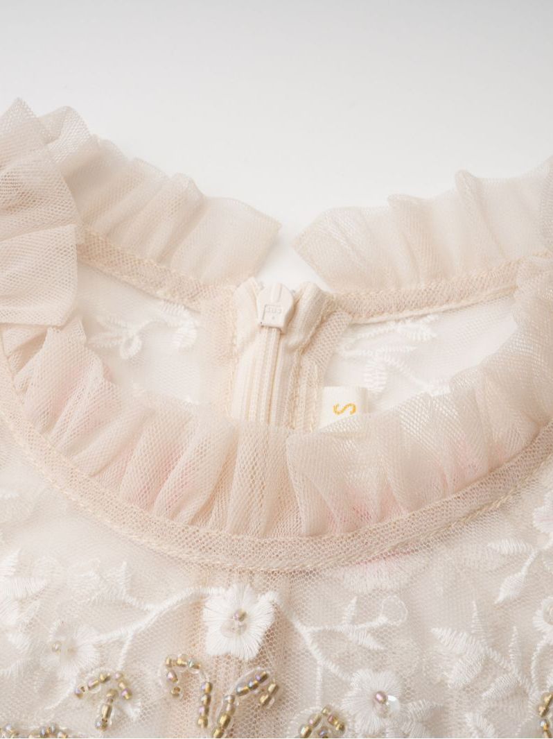 Pink string piece small flower mesh embroidered dress, 7 cm long flared sleeves, long dress, birthday party dress