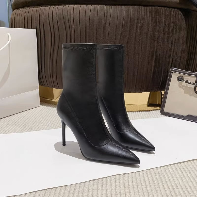 2025 High heels short boots women's thin heels pointed popular new versatile spring and autumn single boots elastic thin socks boots winter velvet