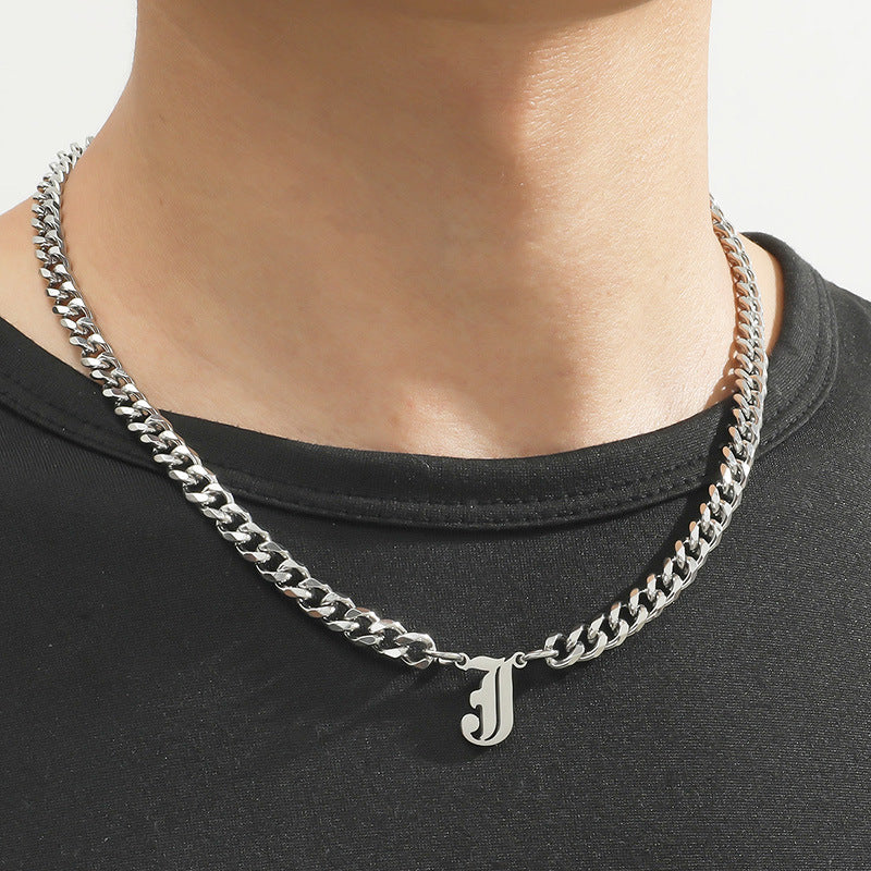 Cross-Border Hot Selling Stainless Steel English Letter Pendant Necklace Ins Cuban Necklace Hip Hop Street Trend New Product