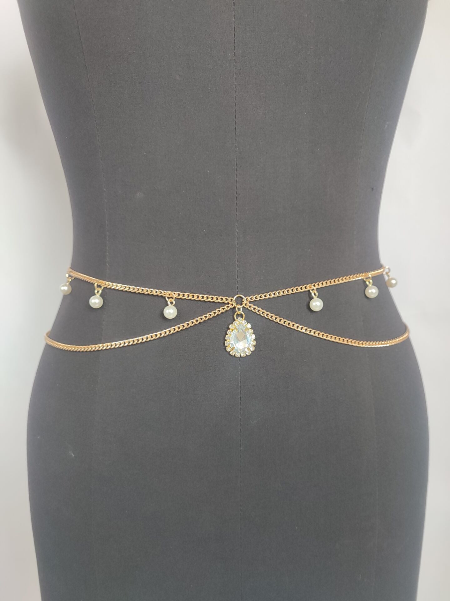 2025 MW3082 2025 waist chain crystal gemstone pearl grain pendant double layer cross metal thin chain waist chain