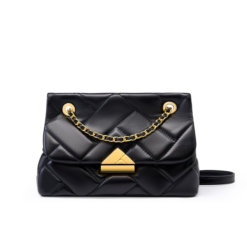VAKKV 2025 Women's bag popular new first-layer cowhide rhombus chain bag underarm messenger bag black leather women's bag
