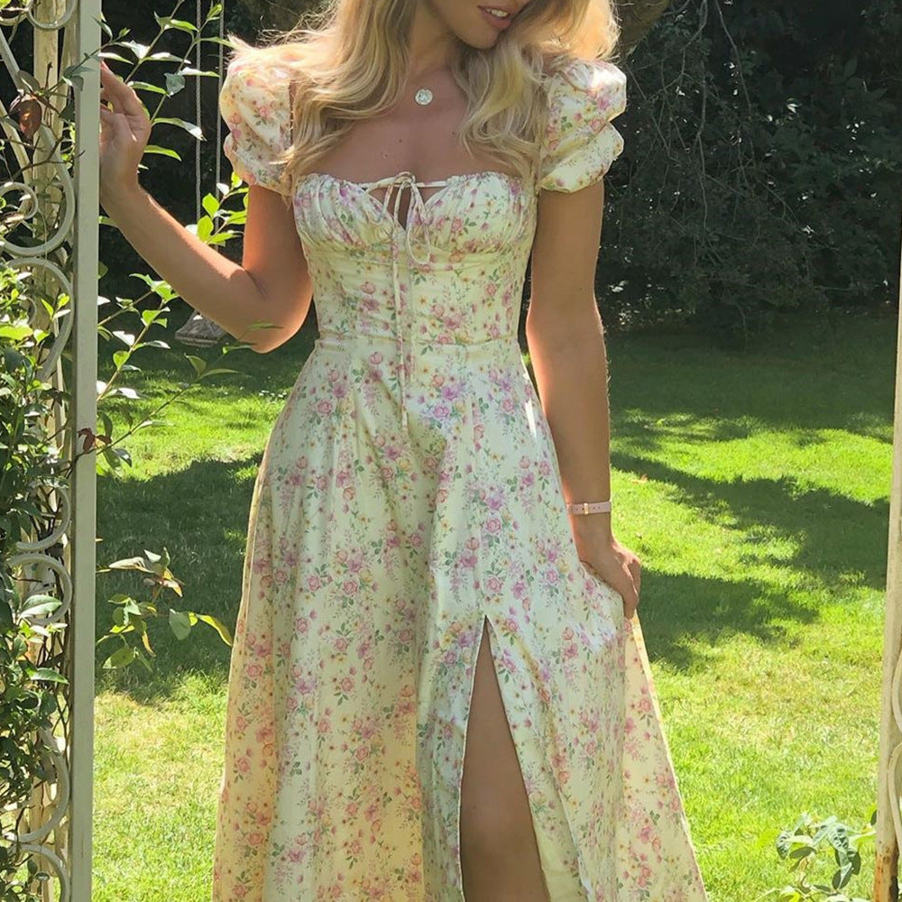 2024 European and American Women's Clothing Summer New Printed Floral Backless Slim Fit Sleeveless Split Dress