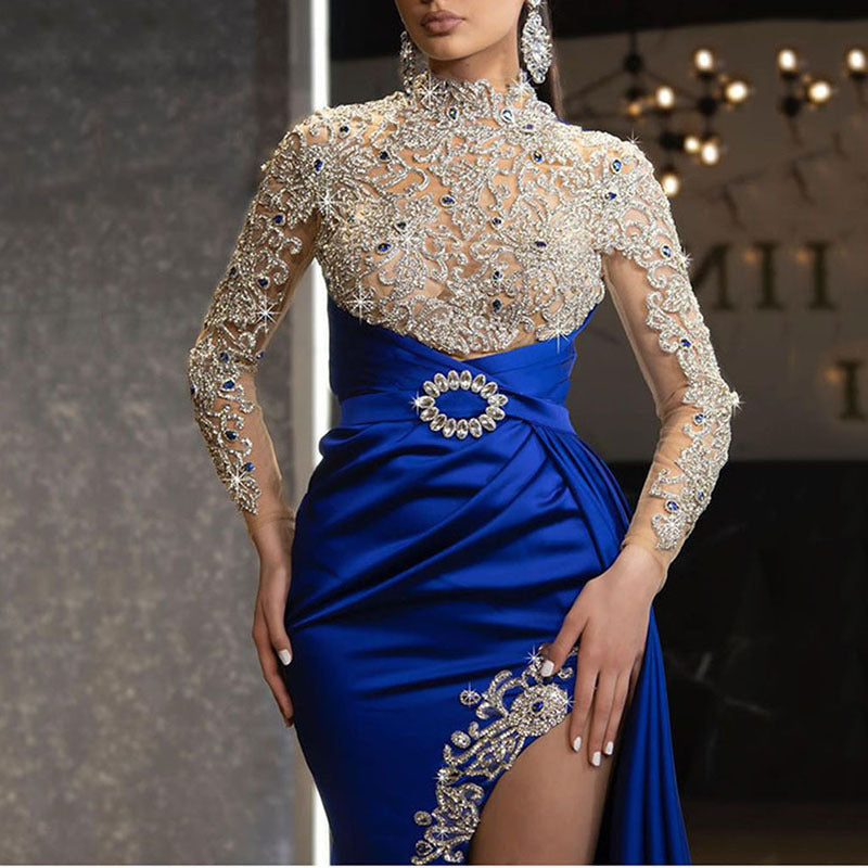 VAKKV European and American Foreign Trade New Women's Clothing Dress Blue Gold Split Stitching Half Turtleneck Evening Dress